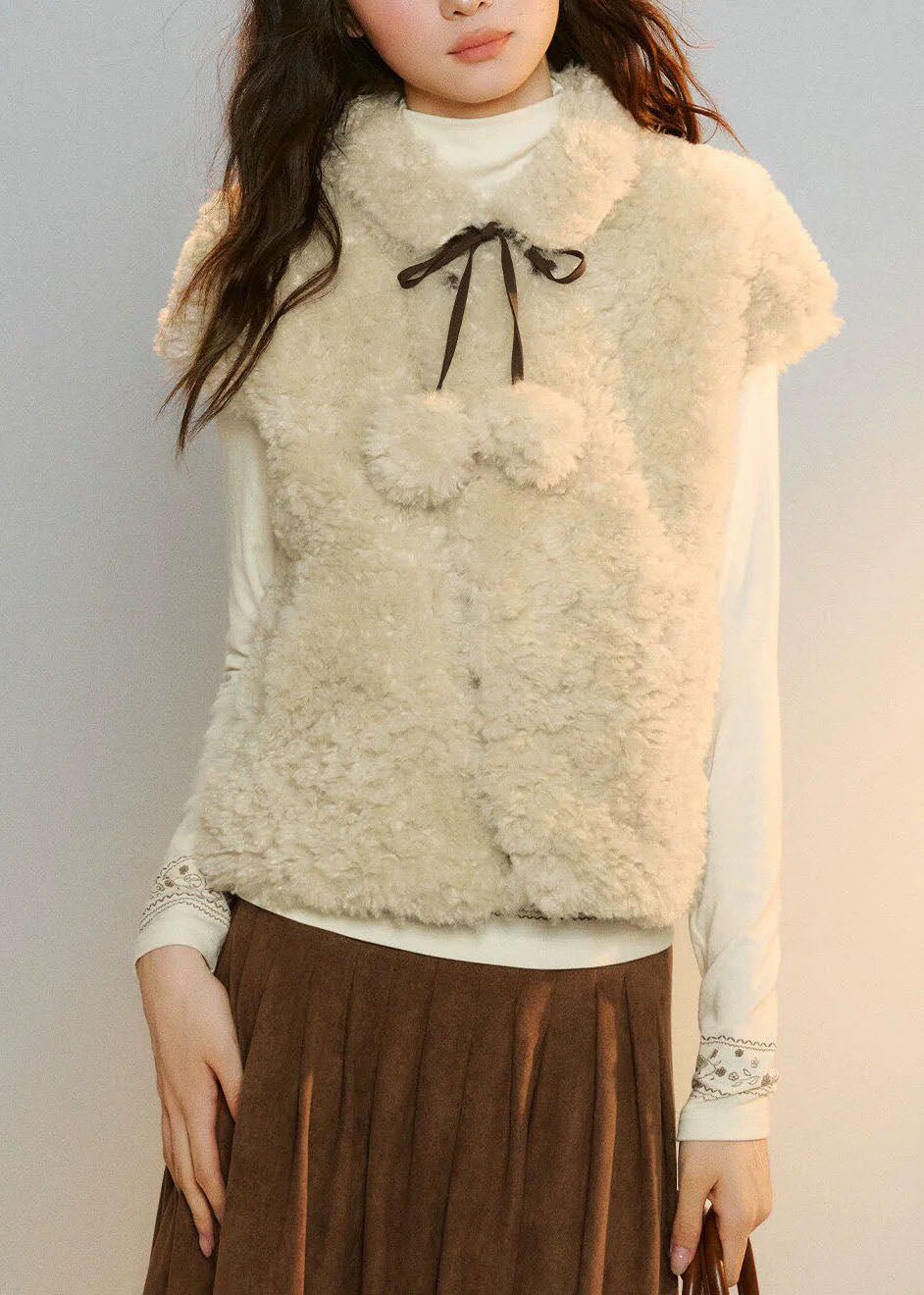 French Beige Peter Pan Collar Tie Lace Faux Fur Waistcoat Sleeveless