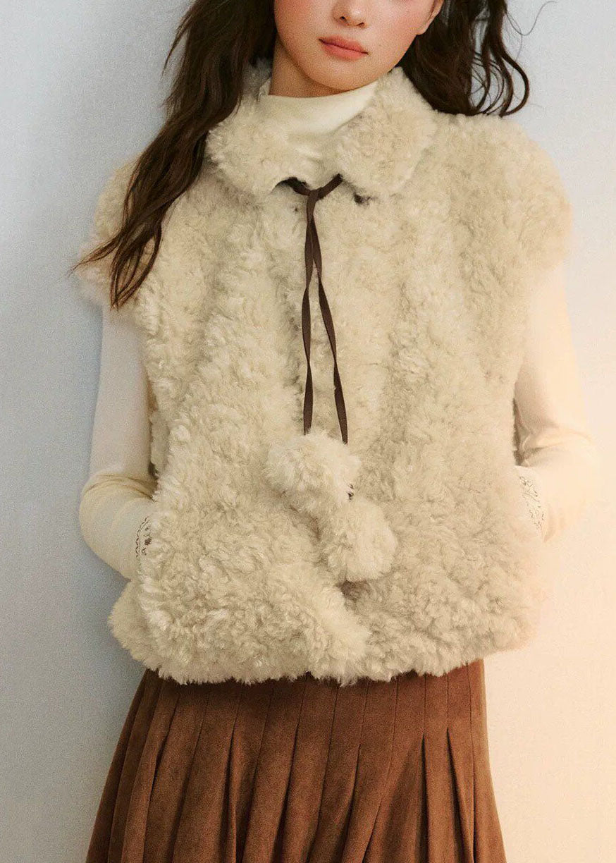 French Beige Peter Pan Collar Tie Lace Faux Fur Waistcoat Sleeveless
