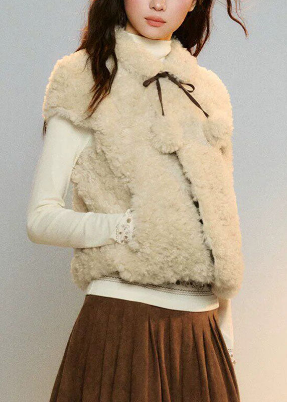 French Beige Peter Pan Collar Tie Lace Faux Fur Waistcoat Sleeveless
