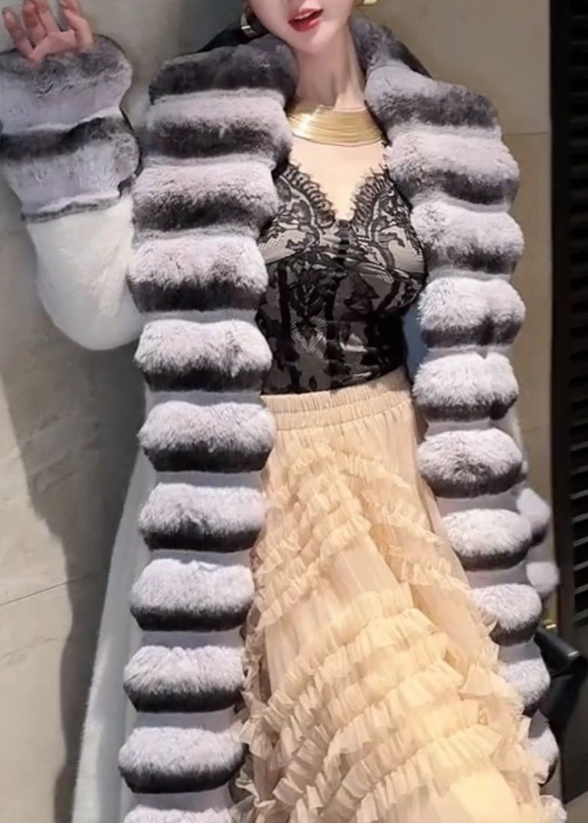 French Beige Peter Pan Collar Totoro Patchwork Leather And Fur Long Coat Winter