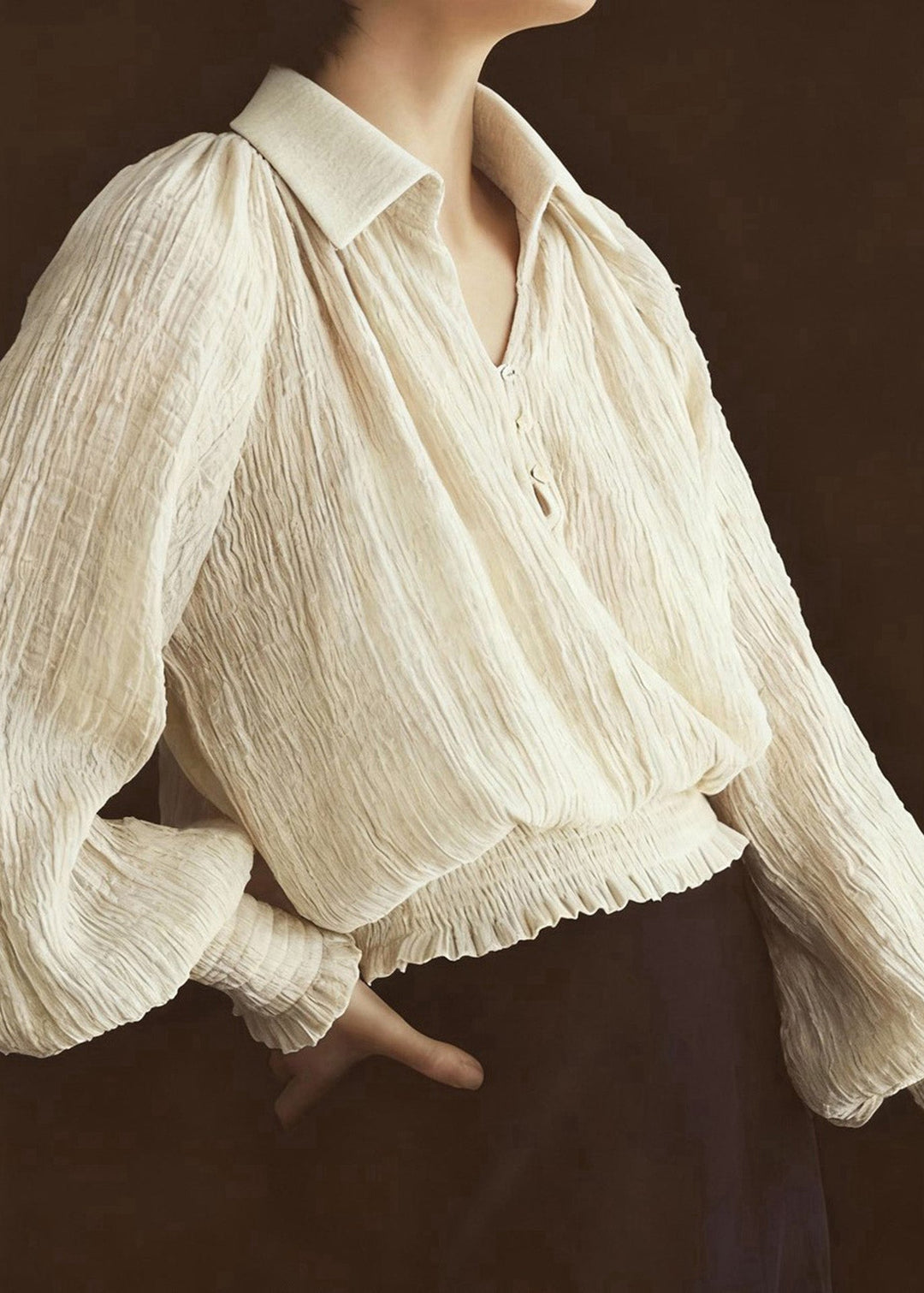 French Beige Peter Pan Collar Wrinkled Chiffon Shirt Top Lantern Sleeve