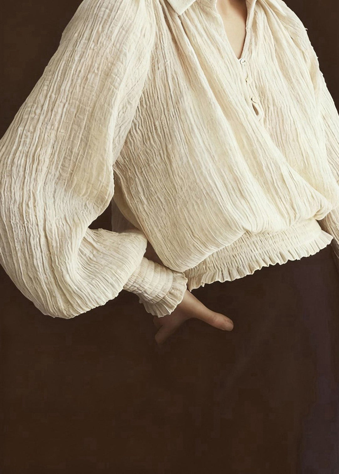 French Beige Peter Pan Collar Wrinkled Chiffon Shirt Top Lantern Sleeve