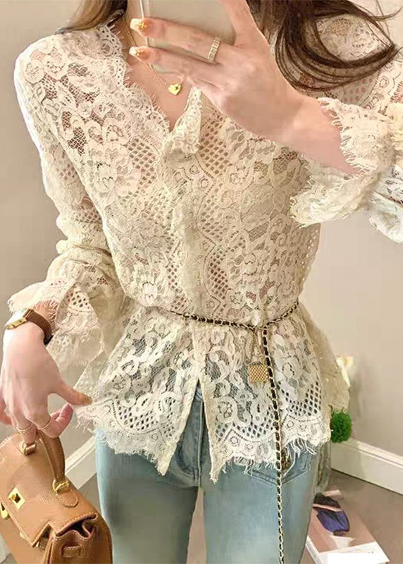 French Beige Ruffled Button Hollow Out Lace Tops Spring