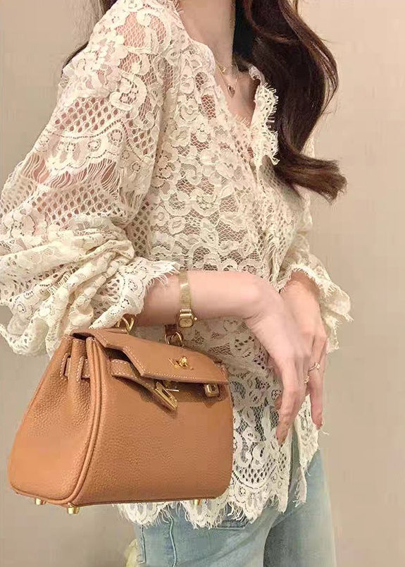 French Beige Ruffled Button Hollow Out Lace Tops Spring