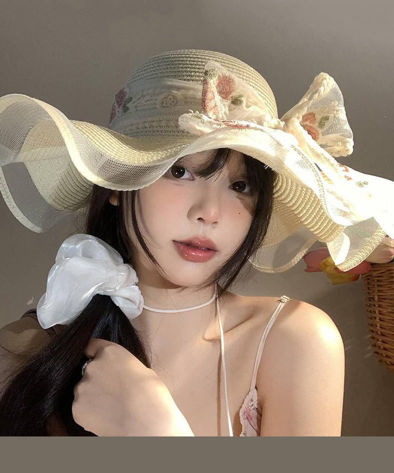 French Beige Ruffled Lace Bow Floppy Sun Hat