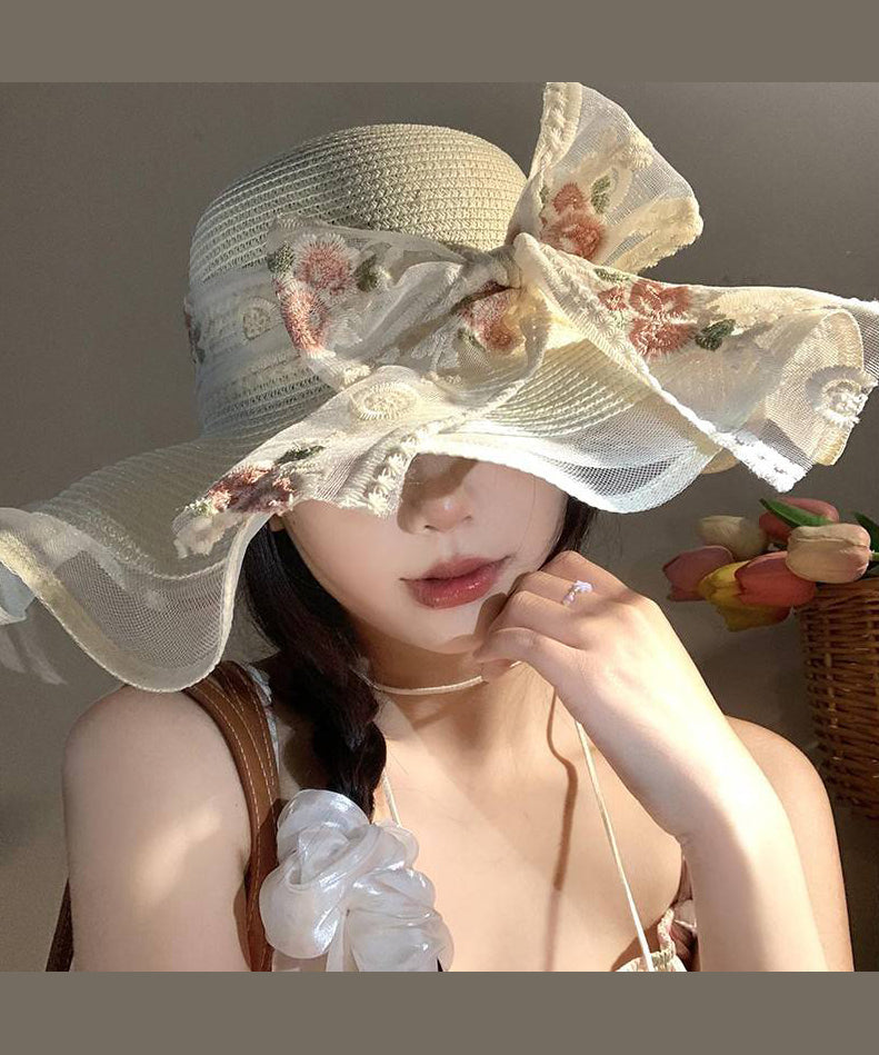 French Beige Ruffled Lace Bow Floppy Sun Hat