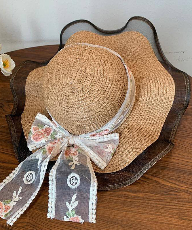 French Beige Ruffled Lace Bow Floppy Sun Hat