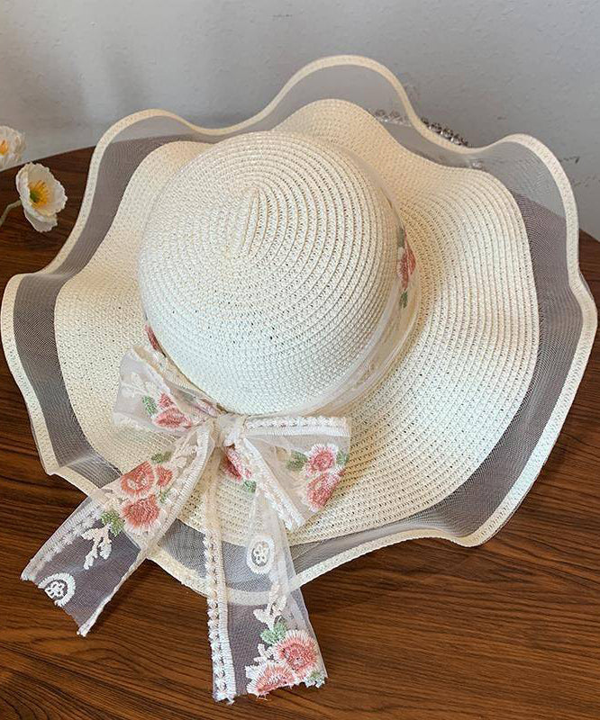 French Beige Ruffled Lace Bow Floppy Sun Hat