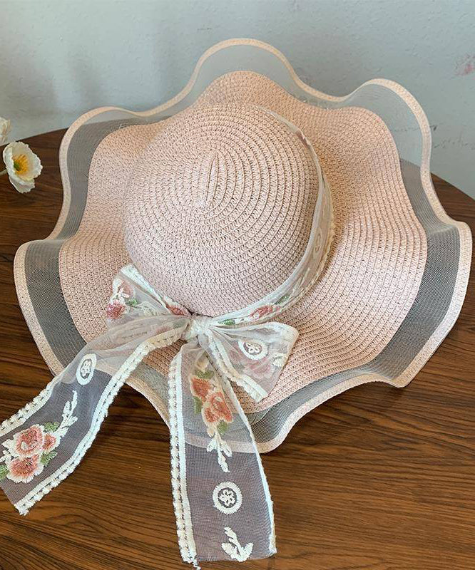 French Beige Ruffled Lace Bow Floppy Sun Hat