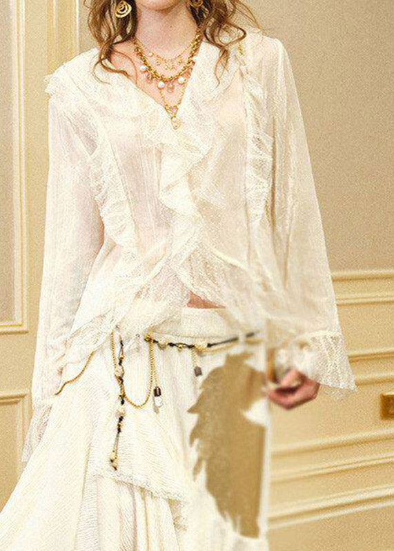 French Beige Ruffled Patchwork Asymmetrical Silk Velvet Shirts Spring