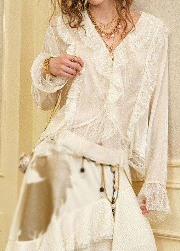 French Beige Ruffled Patchwork Asymmetrical Silk Velvet Shirts Spring