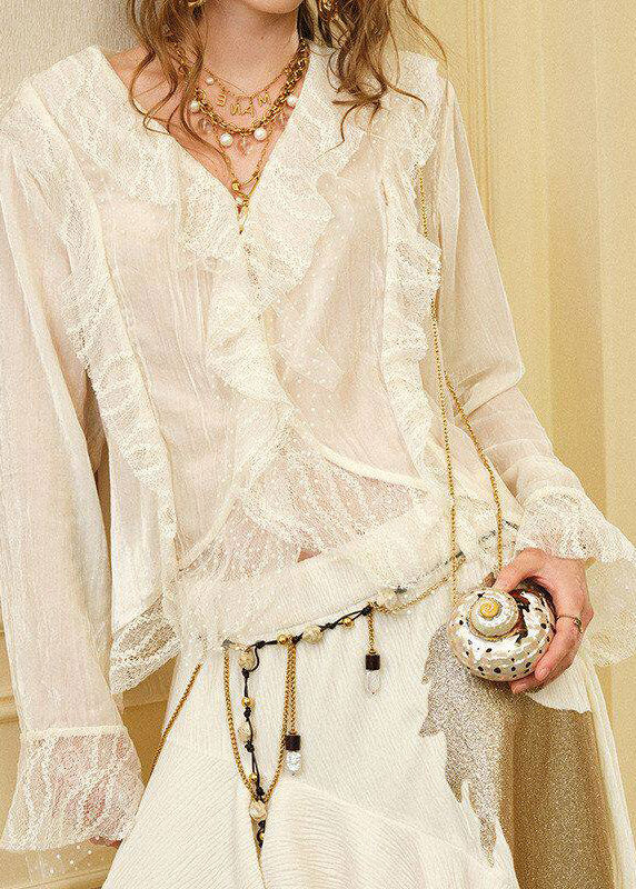 French Beige Ruffled Patchwork Asymmetrical Silk Velvet Shirts Spring