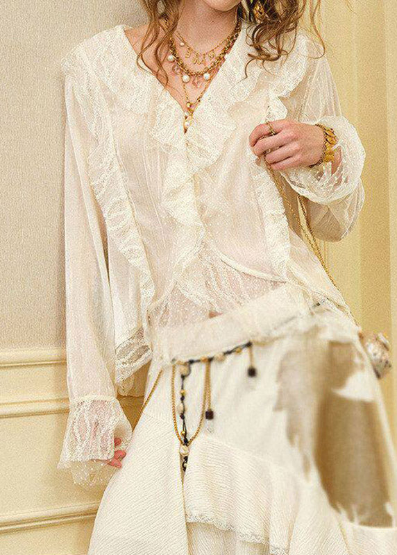 French Beige Ruffled Patchwork Asymmetrical Silk Velvet Shirts Spring