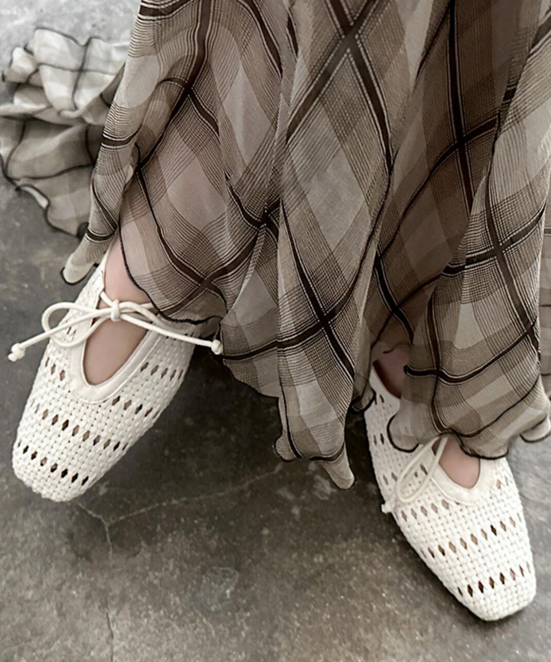 French Beige Sheepskin Bow Splicing Hollow Out Sandals