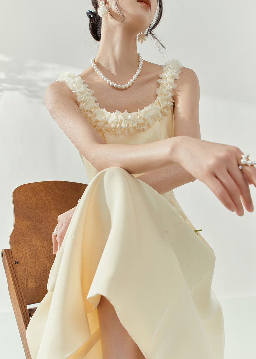 French Beige Square Collar Floral Maxi Dresses Sleeveless