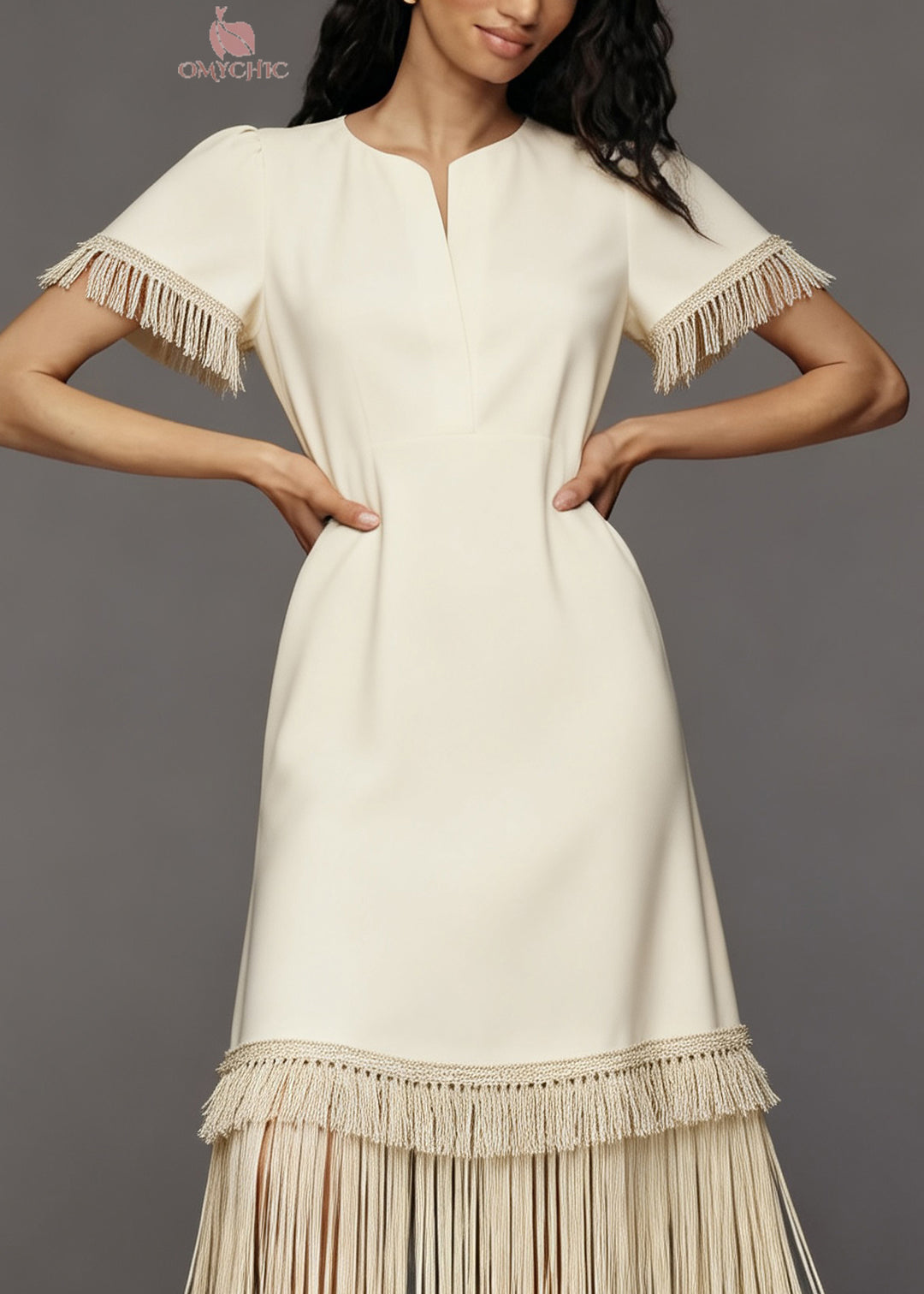 French Beige Tasseled Patchwork Cotton Maxi Dresses Summer