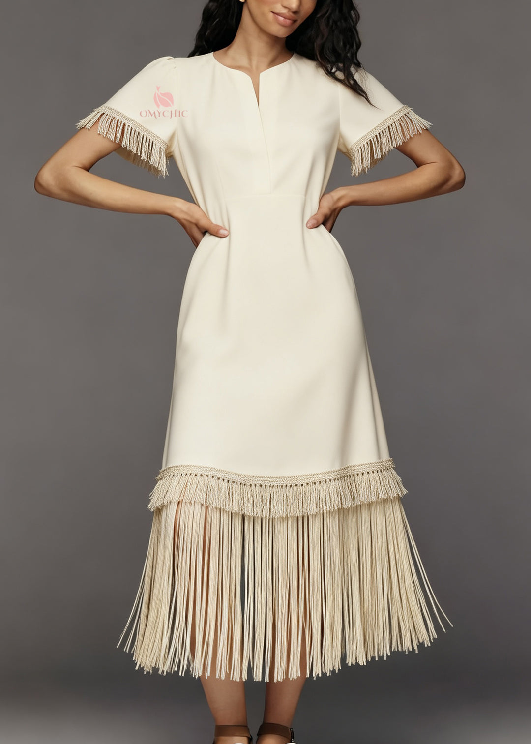 French Beige Tasseled Patchwork Cotton Maxi Dresses Summer