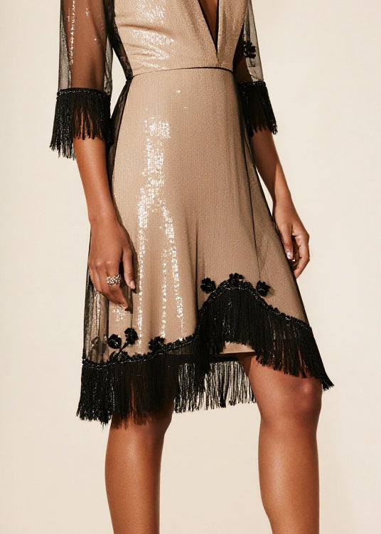 French Beige Tasseled Patchwork Tulle Work Dress Summer