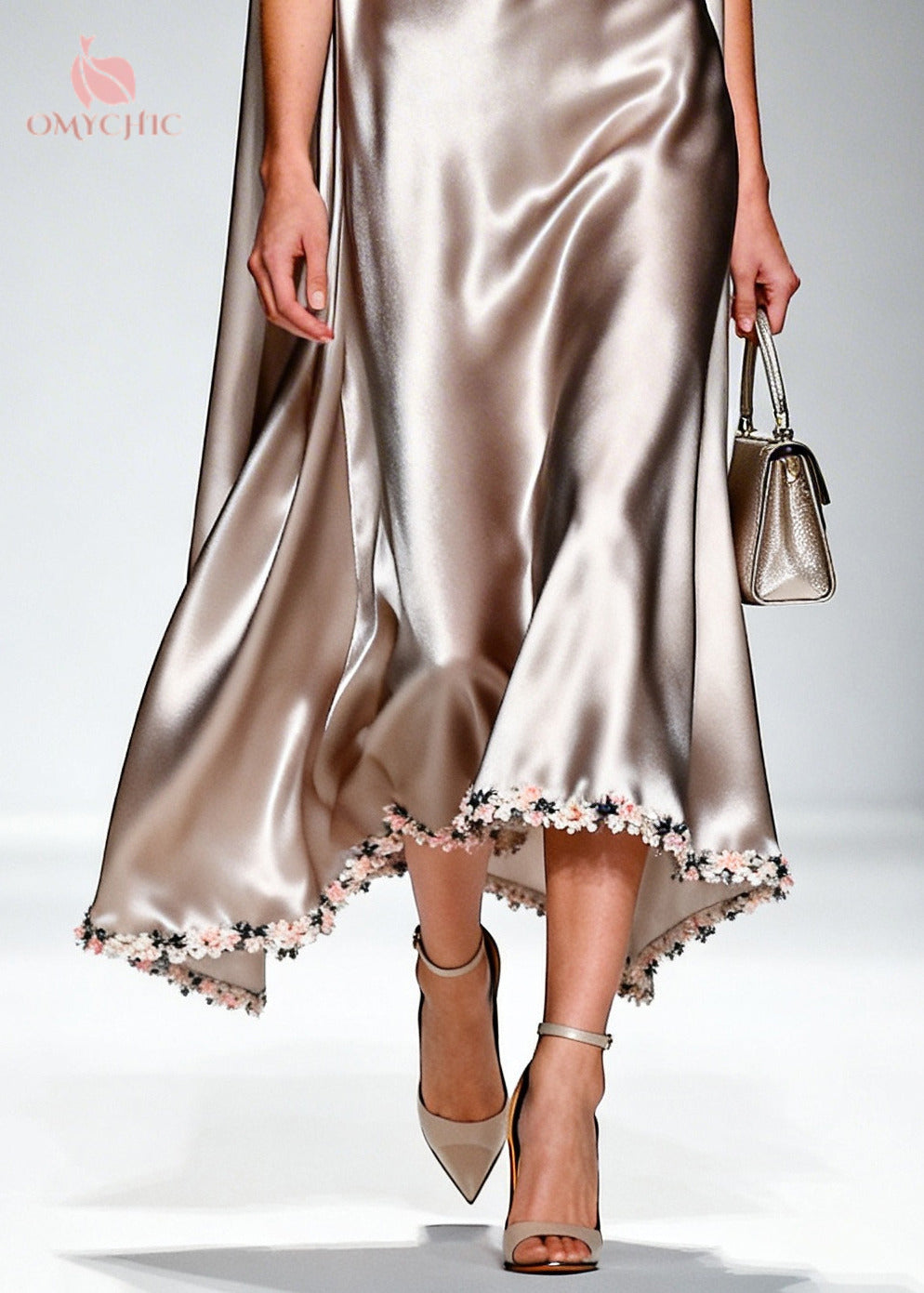 French Beige Turtle Neck Patchwork Flower Silk Dress Summer