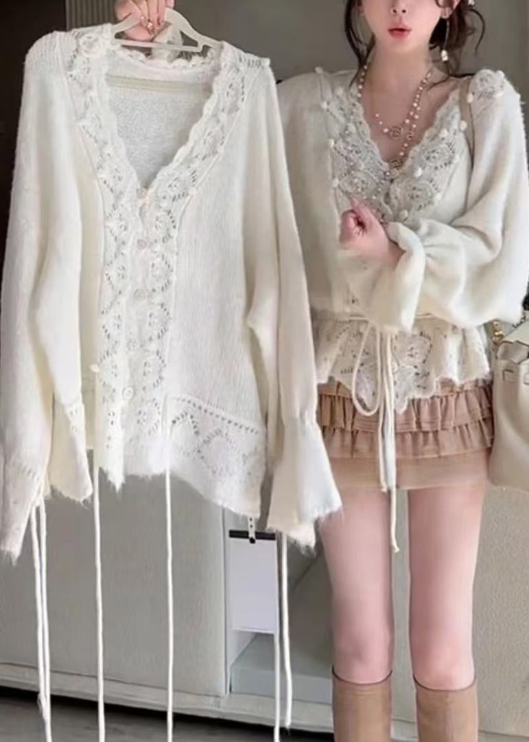 French Beige V Neck Hollow Out Knit Sweater Winter