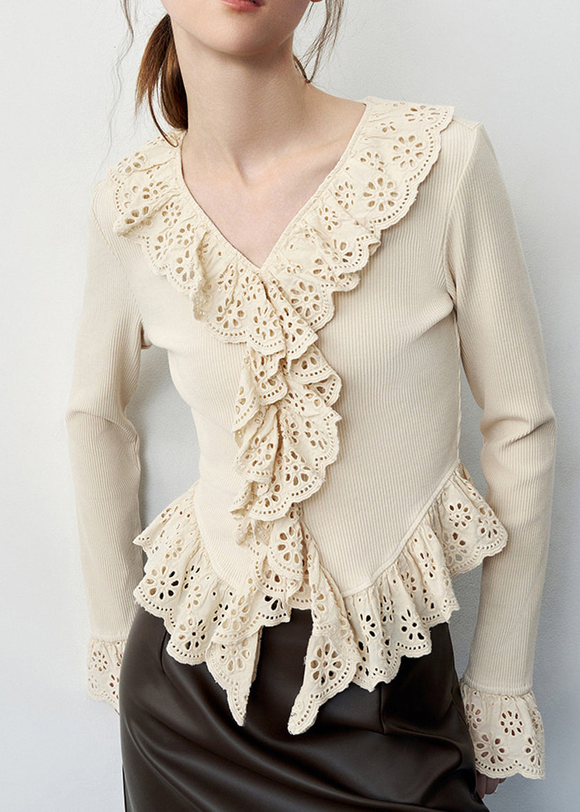 French Beige V Neck Lace Patchwork Hollow Out Top Spring