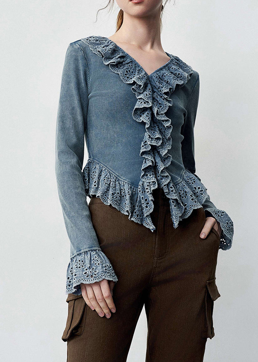 French Beige V Neck Lace Patchwork Hollow Out Top Spring
