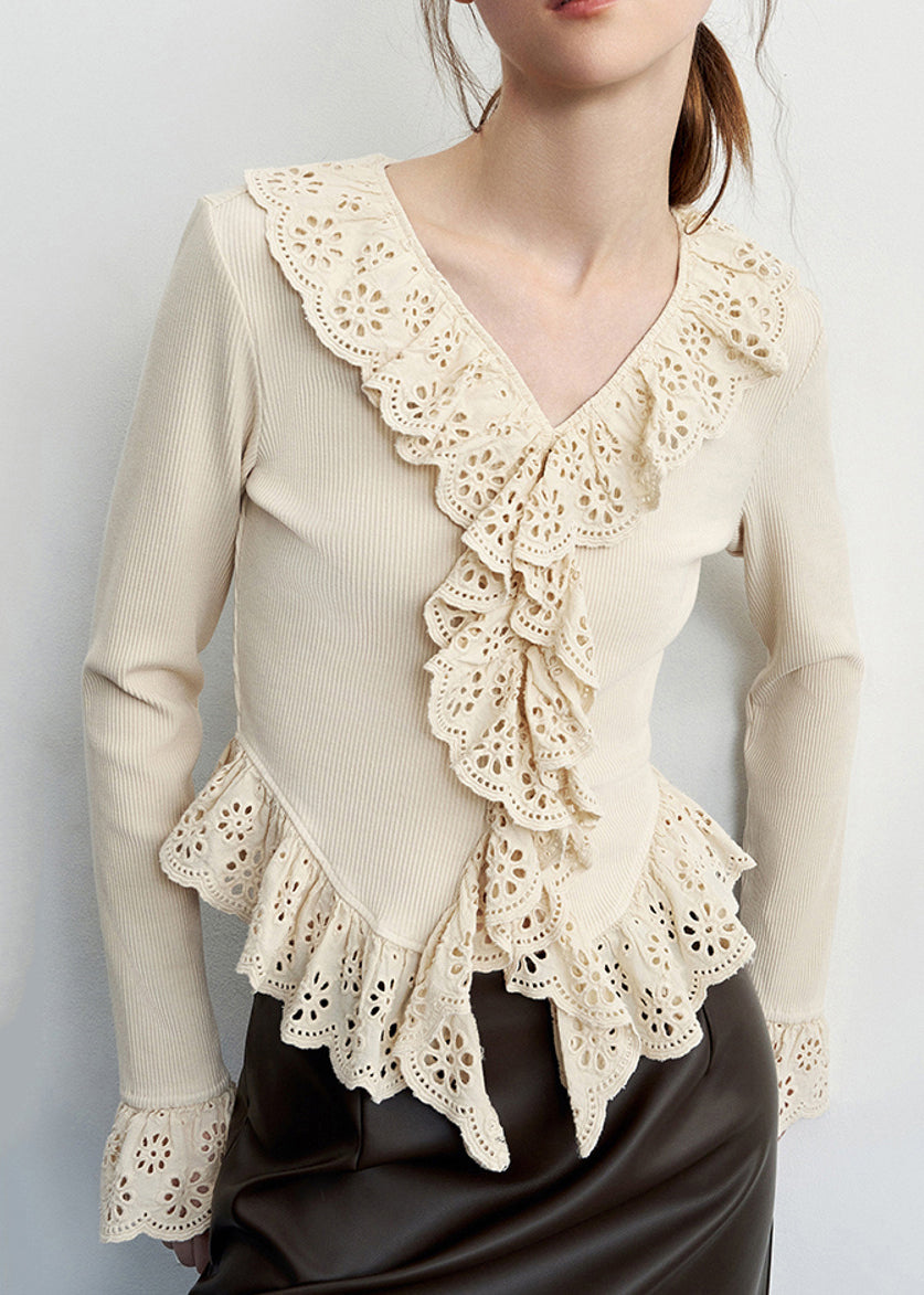 French Beige V Neck Lace Patchwork Hollow Out Top Spring