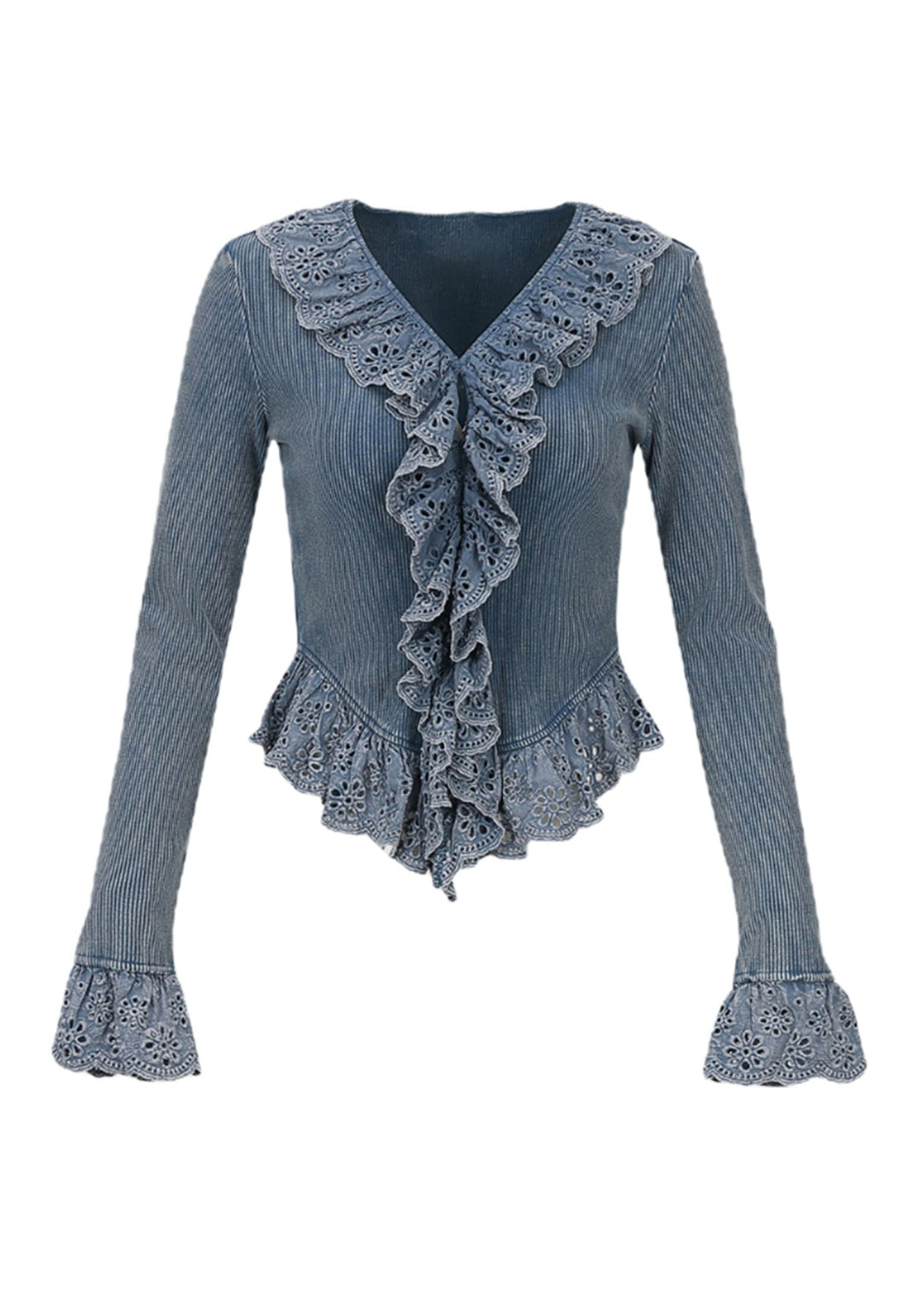 French Beige V Neck Lace Patchwork Hollow Out Top Spring