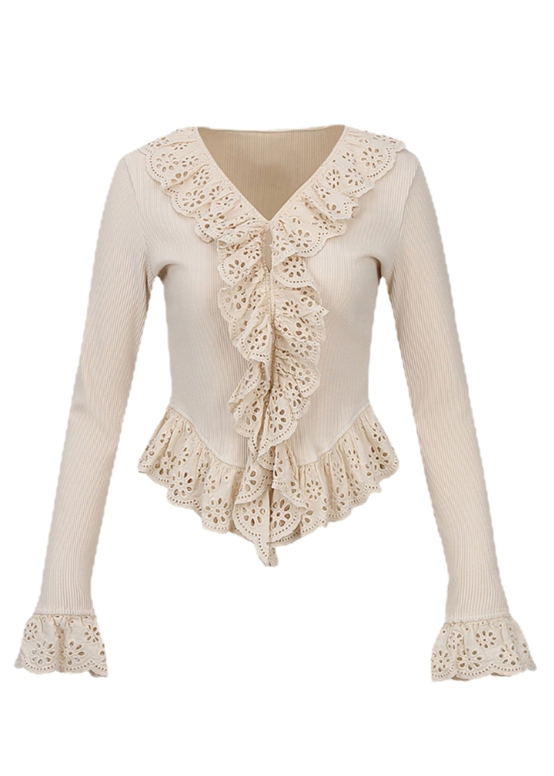 French Beige V Neck Lace Patchwork Hollow Out Top Spring