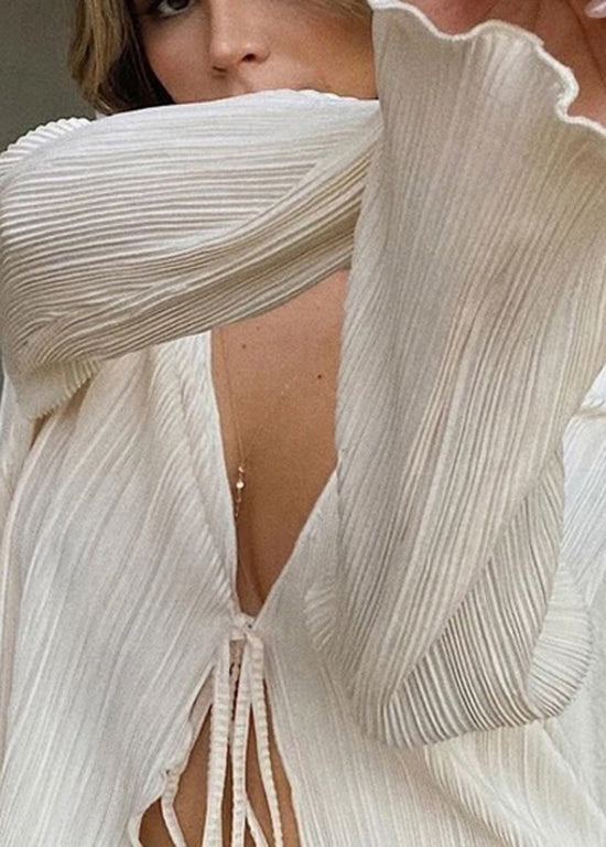 French Beige V Neck Lace Up Top Flare Sleeve