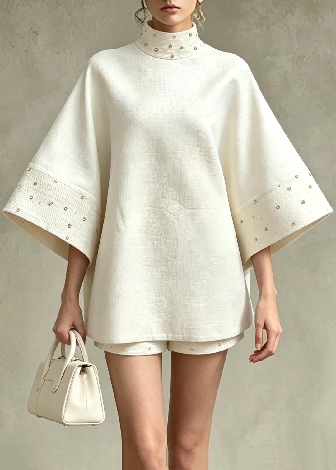 French Beige White Stand Collar Nail Bead Top And Shorts Two Pieces Set Flare Sleeve