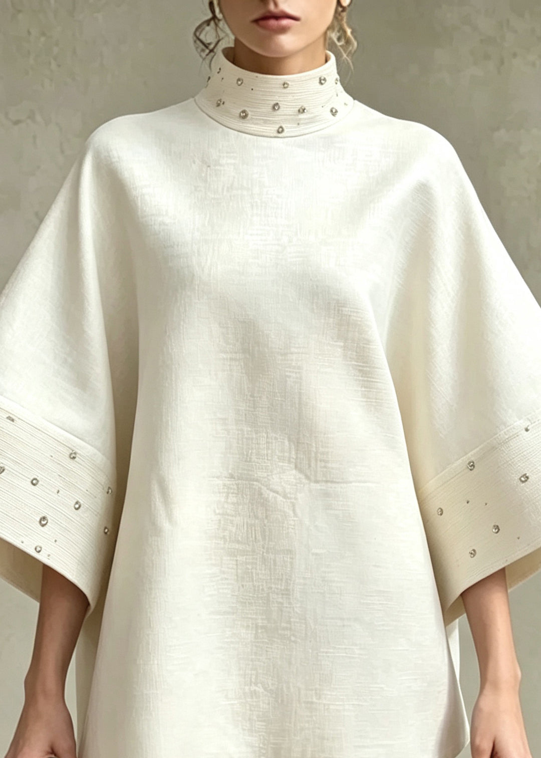 French Beige White Stand Collar Nail Bead Top And Shorts Two Pieces Set Flare Sleeve