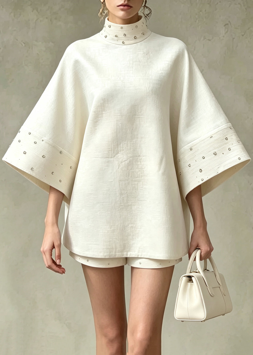 French Beige White Stand Collar Nail Bead Top And Shorts Two Pieces Set Flare Sleeve