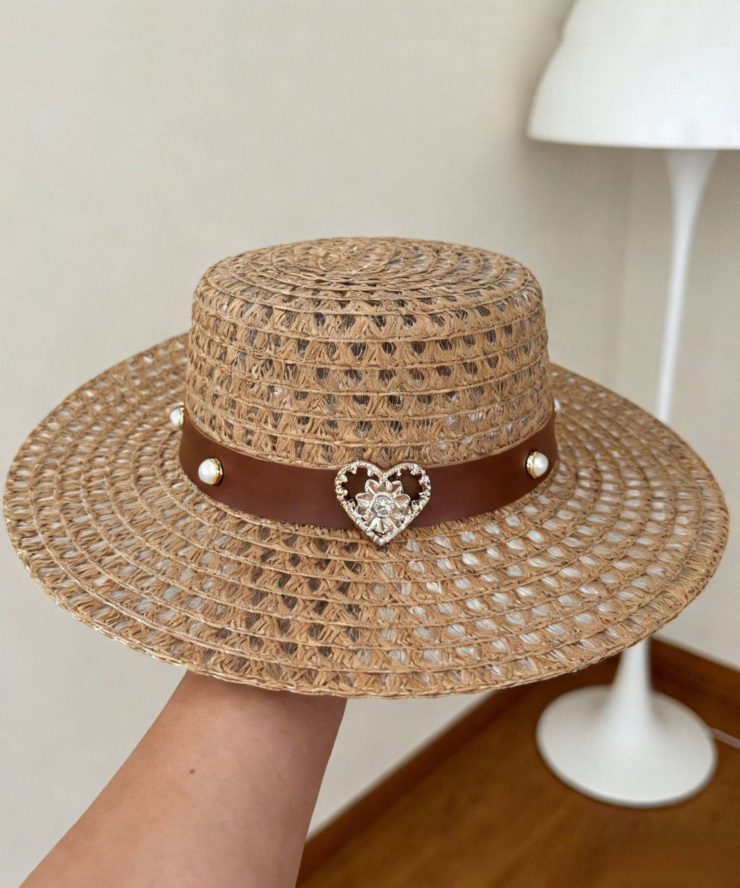 French Beige Zircon Heart-Shaped Hollow Out Breathable Sun Hat