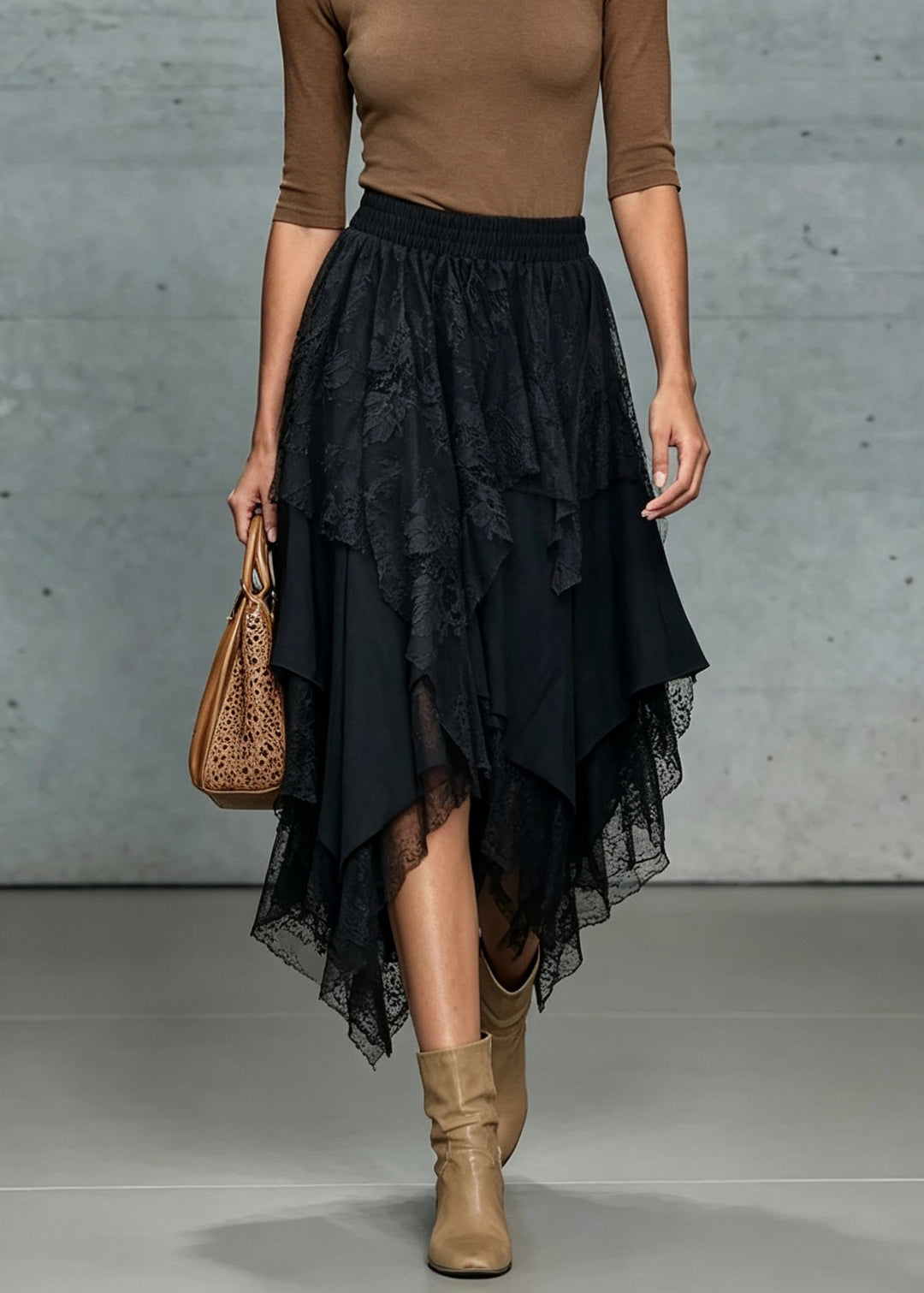 French Black Asymmetrical Design Patchwork Lace Skirts Fall