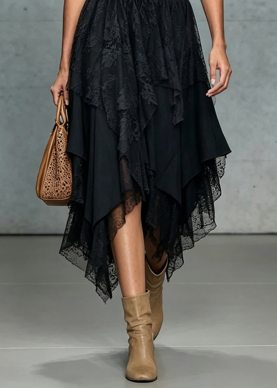 French Black Asymmetrical Design Patchwork Lace Skirts Fall