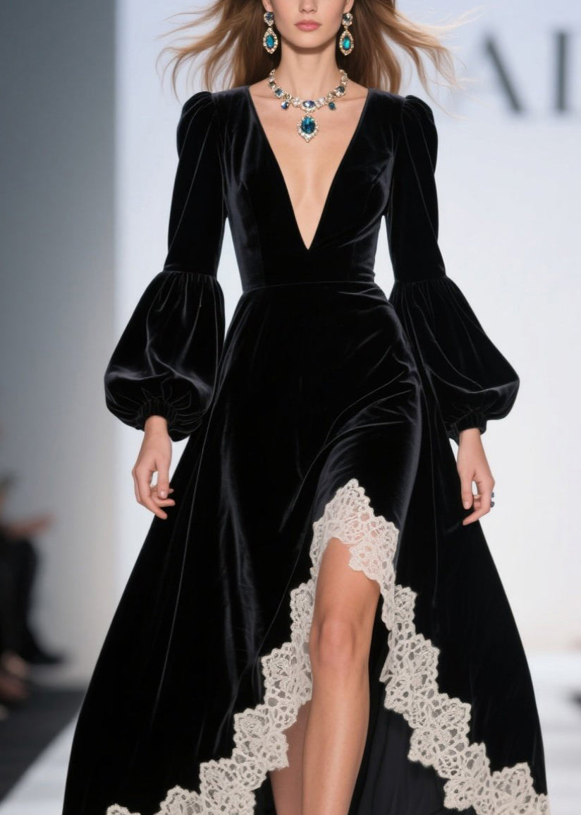 French Black Asymmetrical Lace Patchwork Velvet Dresses Fall