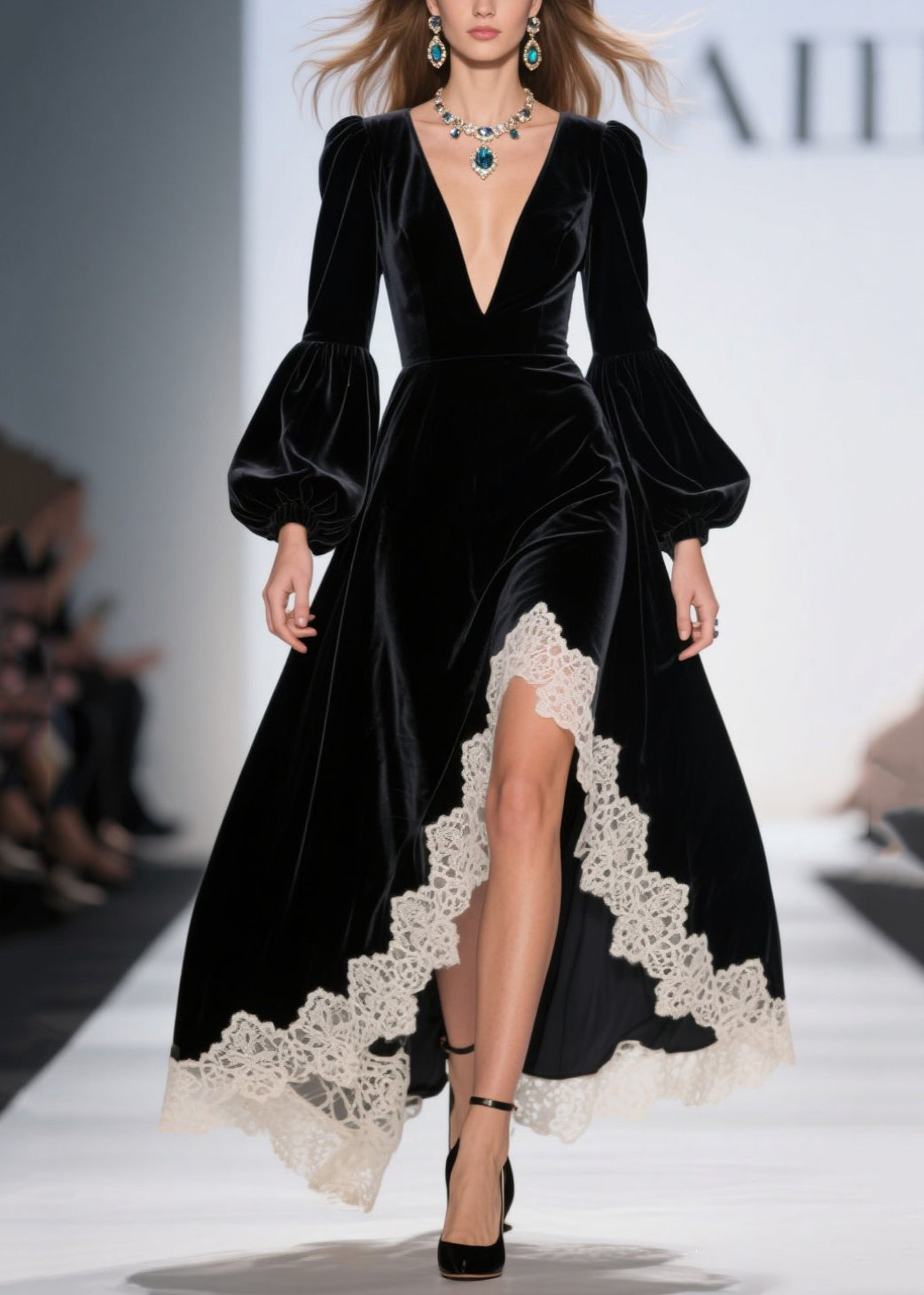 French Black Asymmetrical Lace Patchwork Velvet Dresses Fall