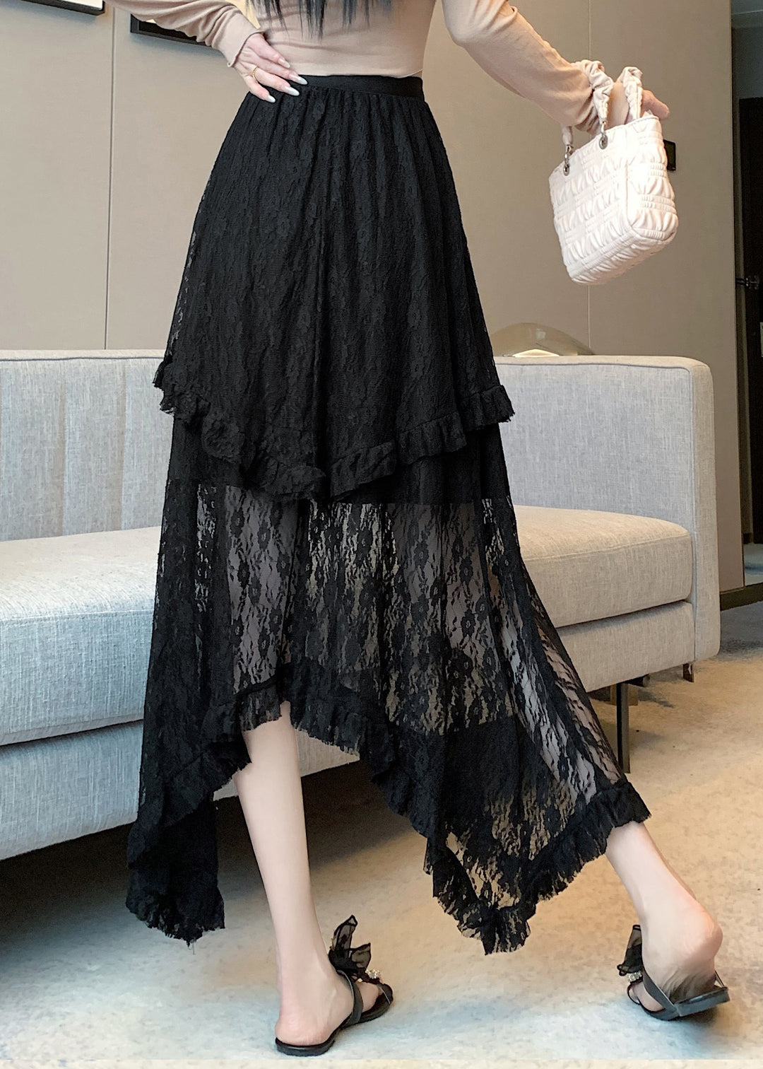 French Black Asymmetrical Patchwork Lace Skirts Summer