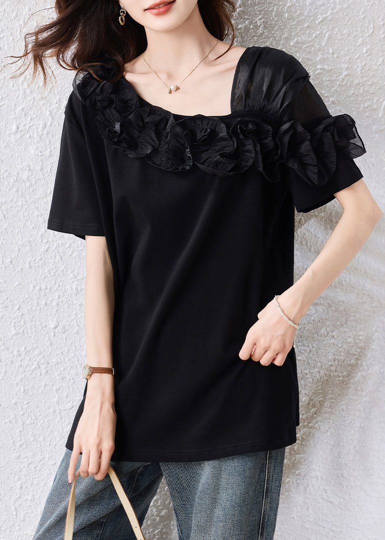 French Black Asymmetrical Patchwork Ruffles Blouse Top Summer