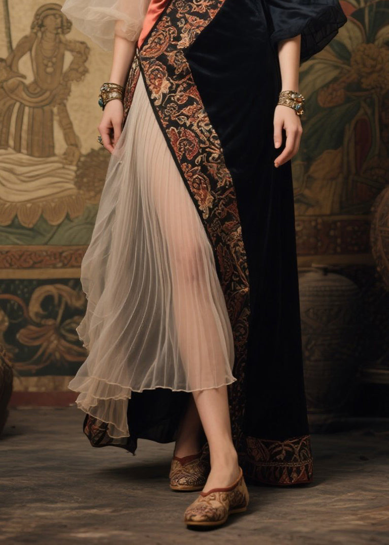 French Black Asymmetrical Patchwork Tulle Ankle Dress Summer