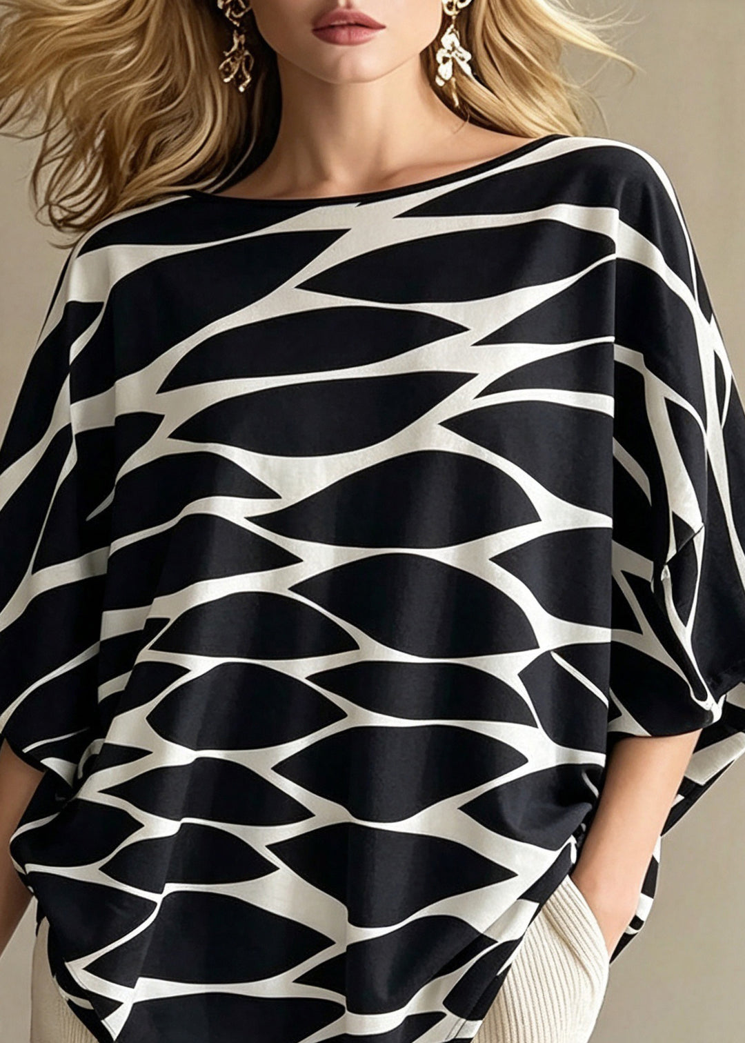 French Black Asymmetrical Print Shirt Tops Batwing Sleeve