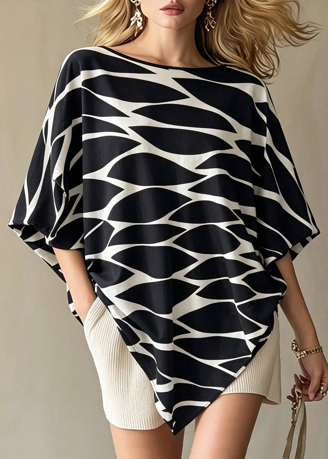 French Black Asymmetrical Print Shirt Tops Batwing Sleeve