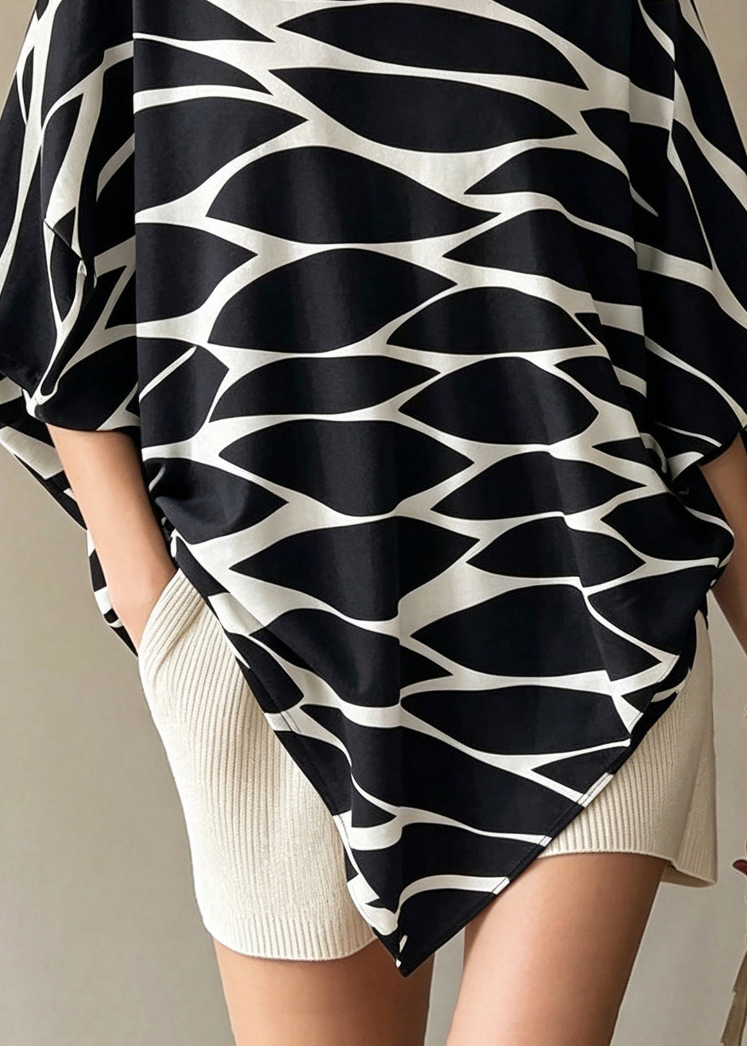 French Black Asymmetrical Print Shirt Tops Batwing Sleeve