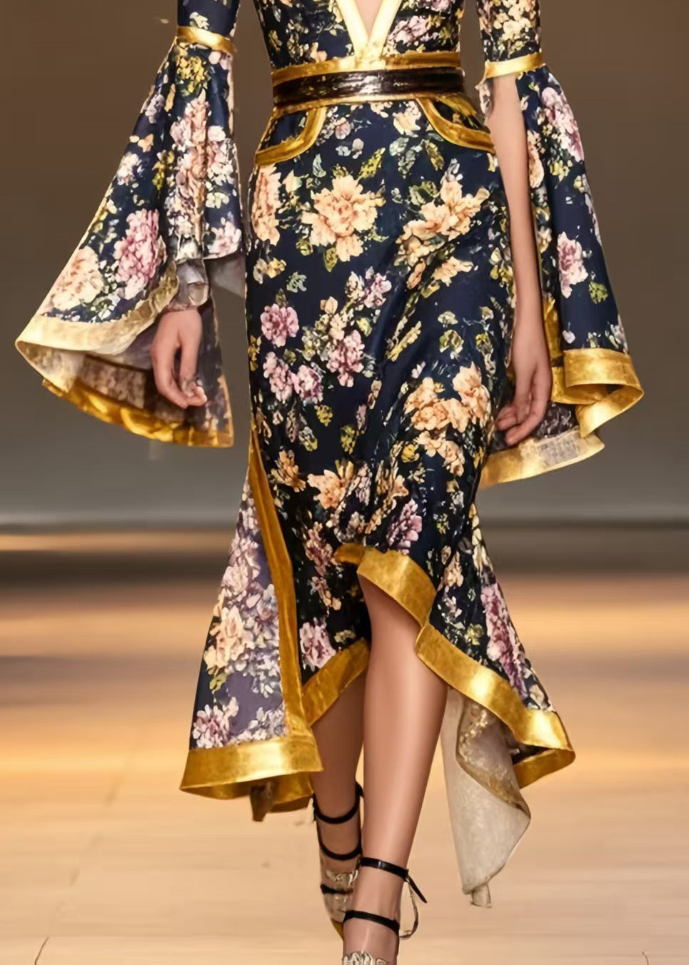 French Black Asymmetrical Print Wraped Vestidos Dresses Flare Sleeve