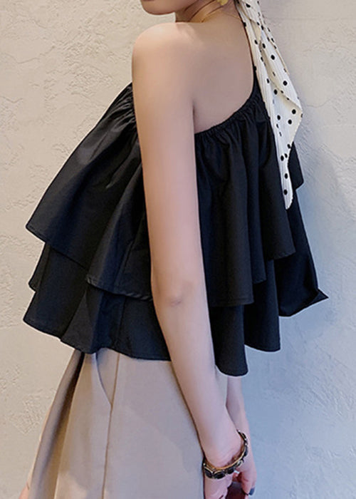 French Black Asymmetrical Ruffled Cotton Blouses Sleeveless