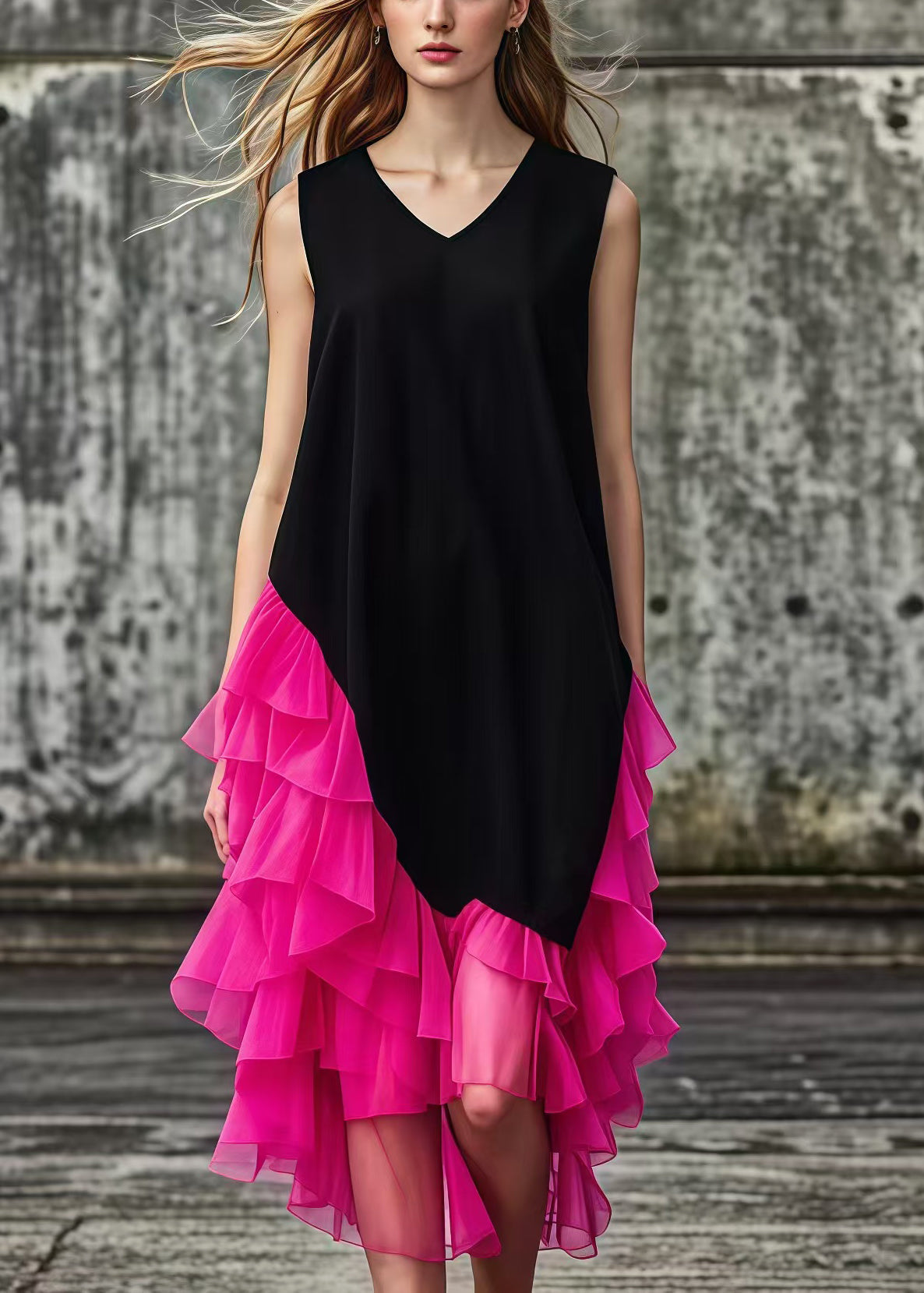 French Black Asymmetrical Tulle Patchwork Cotton Maxi Dresses Summer - Omychic