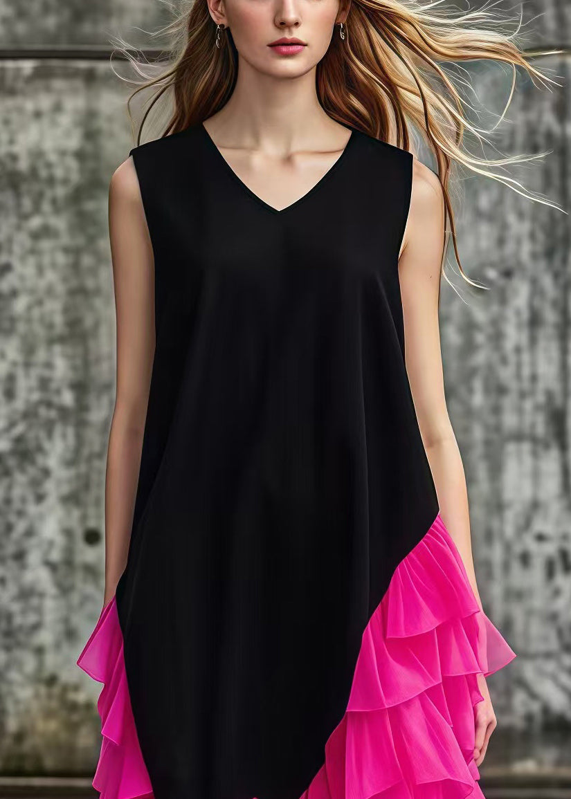 French Black Asymmetrical Tulle Patchwork Cotton Maxi Dresses Summer - Omychic