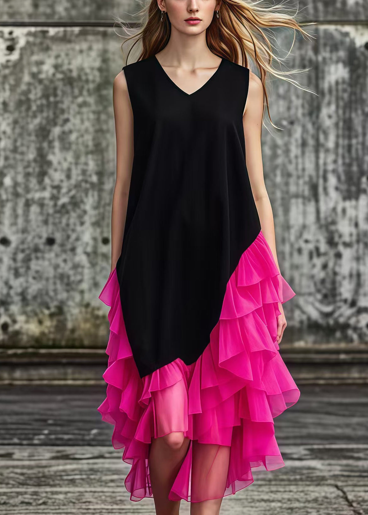 French Black Asymmetrical Tulle Patchwork Cotton Maxi Dresses Summer - Omychic