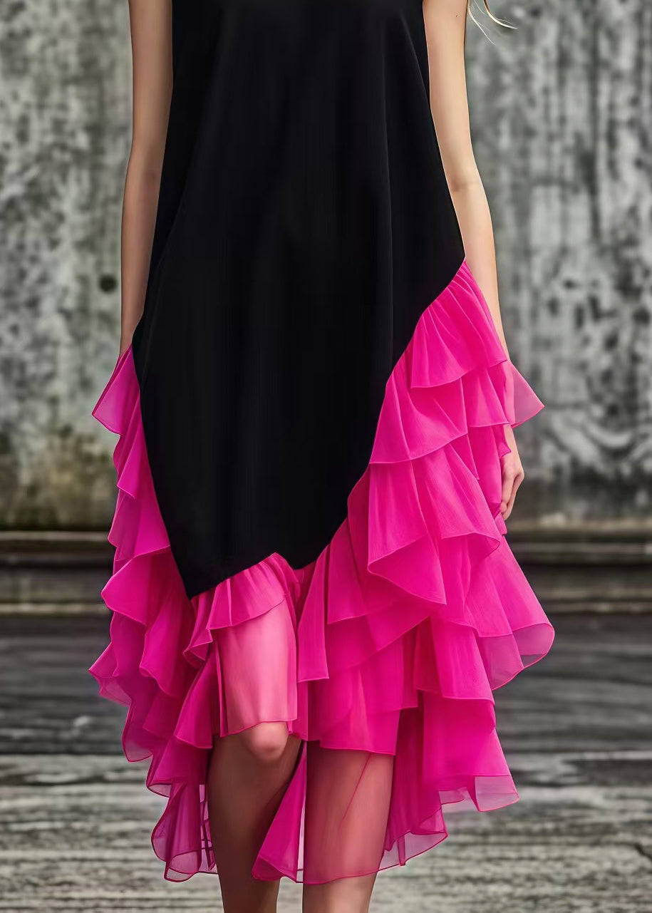 French Black Asymmetrical Tulle Patchwork Cotton Maxi Dresses Summer - Omychic